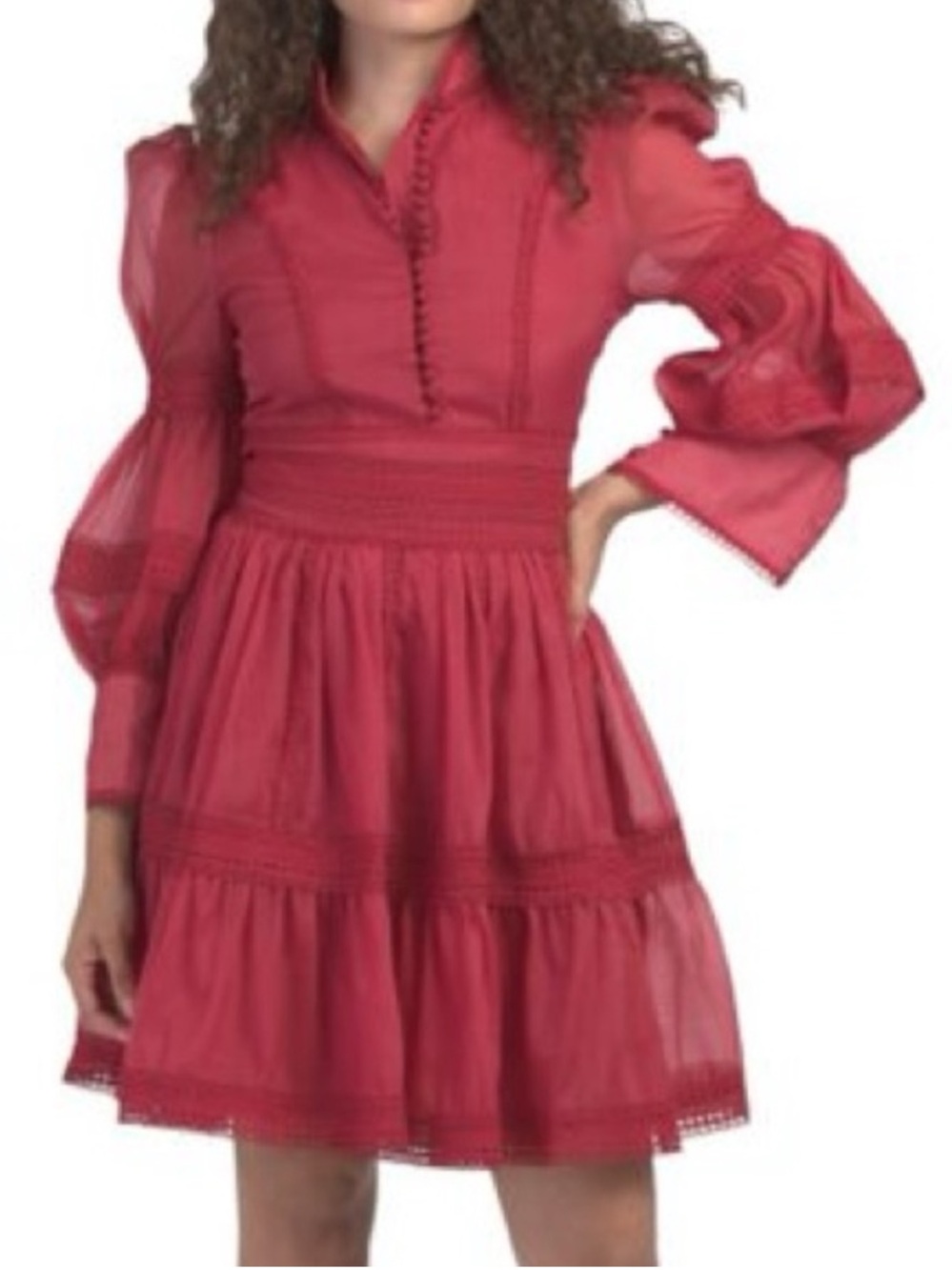 Dalia MacPhee Lace Trim Puff Long Sleeve Button High Neck Lolita Mini Dress Red